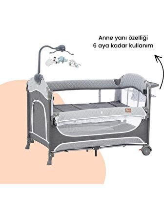 Gulz Atlas Plus Anne Yanı Sallanır Cibinlikli Dönenceli Oyun Parkı Bebek Beşik 70X110 Cm + Pamuk Yataklı Dark Grey